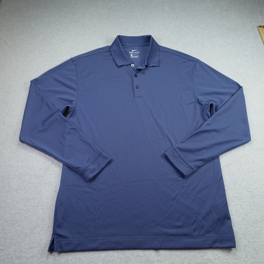 Nike Polo Shirt Men Medium Blue Solid Dri-FIT Athletic Long Sleeve